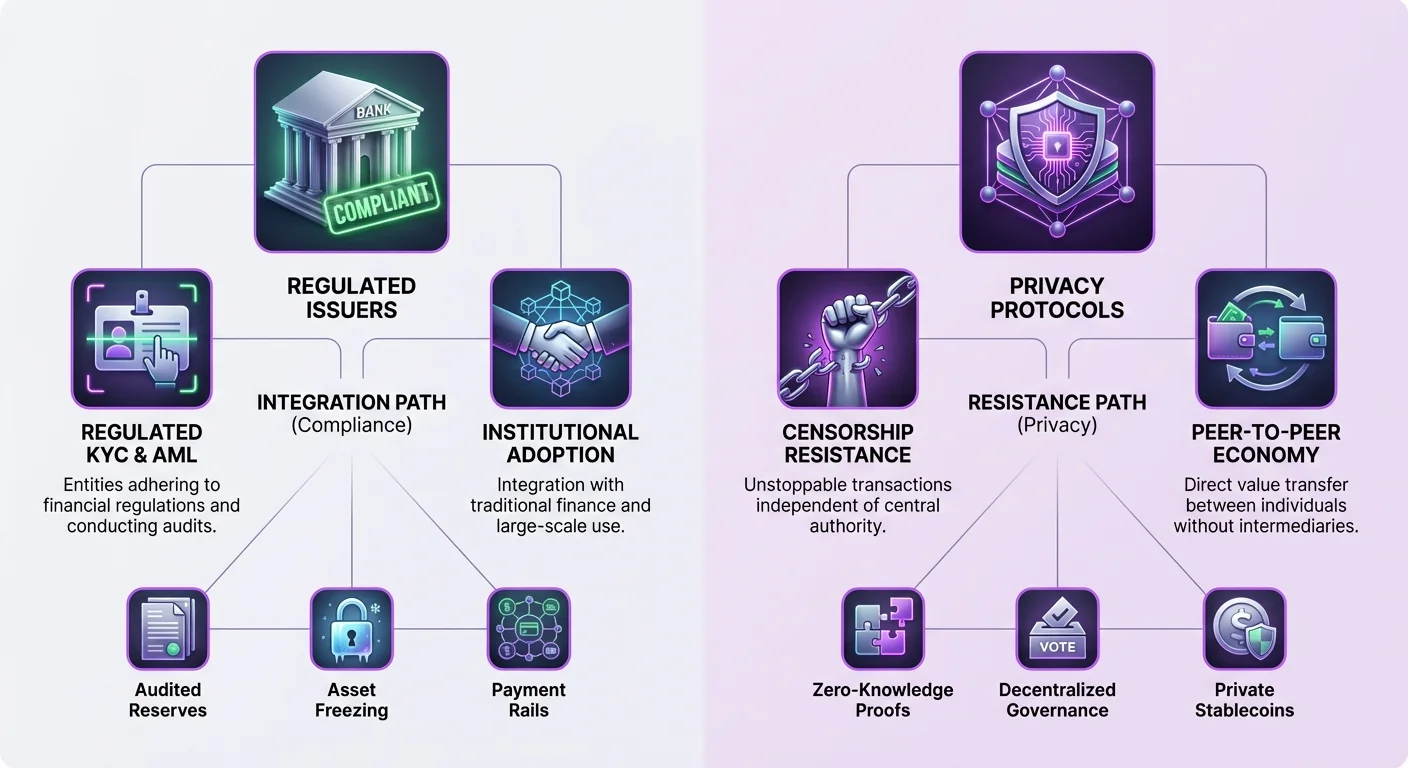 Infographic depicting two diverging paths: left side shows Integration Path for compliant regulated stablecoins; right side illustrates Resistance Path for privacy-focused protocols, highlighting key technologies and principles.