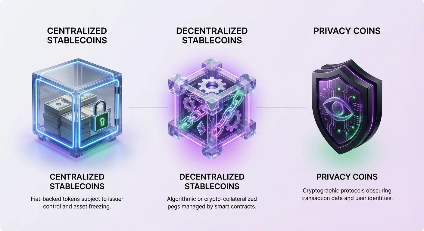 Infographic overview of three specialized digital assets: centralized stablecoins, decentralized stablecoins, and privacy coins, with photorealistic icons and labels showing differences in backing and purpose.