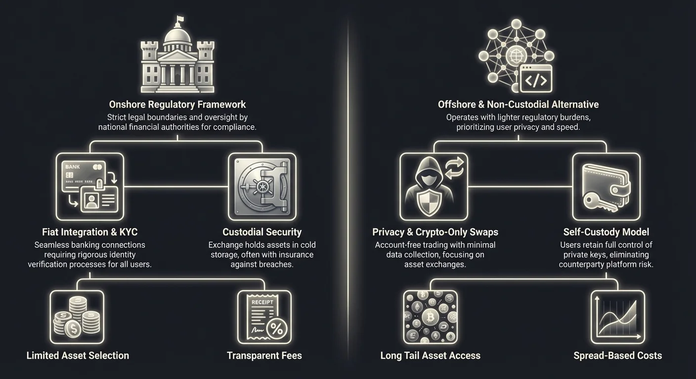 Infographic with split-view layout comparing onshore regulated exchanges' features like KYC, custodial security, limited assets to offshore non-custodial platforms' privacy, self-custody, and long-tail access.
