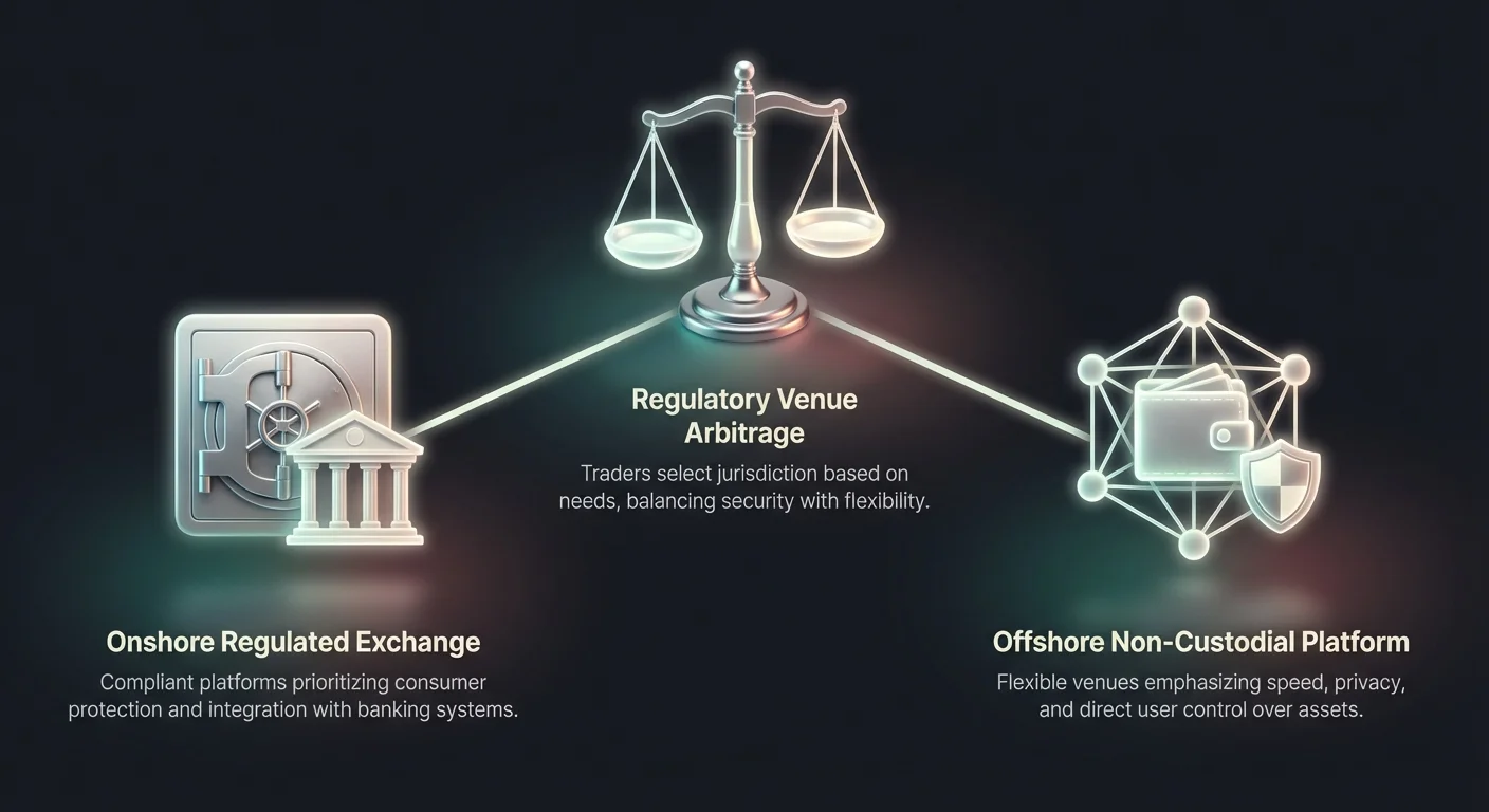 Simple overview diagram with onshore regulated exchange on left, offshore non-custodial platform on right, and regulatory venue arbitrage connecting them in center, balancing security and flexibility.