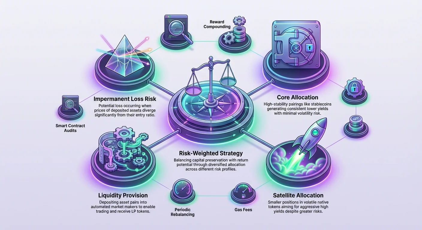 Detailed infographic illustrating risk-weighted DeFi yield strategy with core stablecoin allocations, satellite volatile positions, liquidity provision, impermanent loss, and factors like audits, compounding, rebalancing, gas fees.