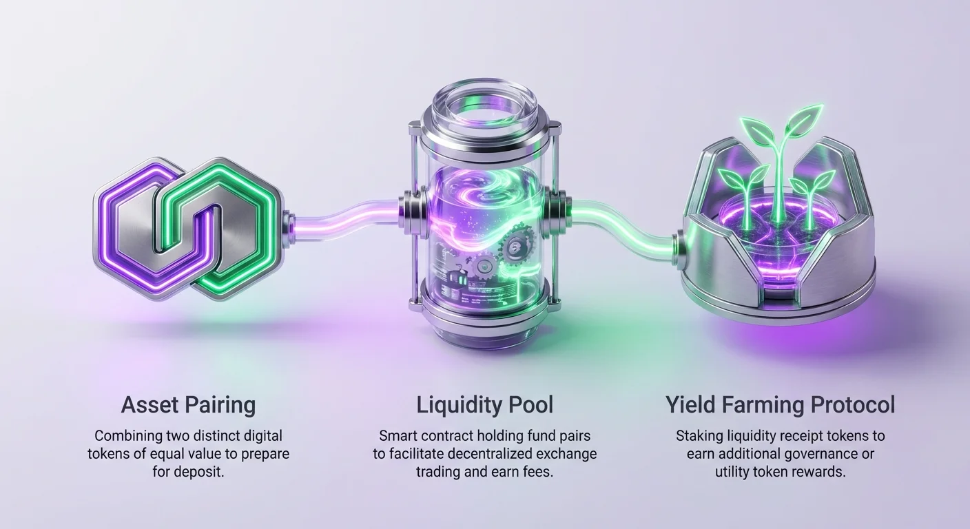 Infographic diagram showing DeFi yield farming basics: combining asset pairs for liquidity pools and staking LP tokens in yield farming protocols for rewards.