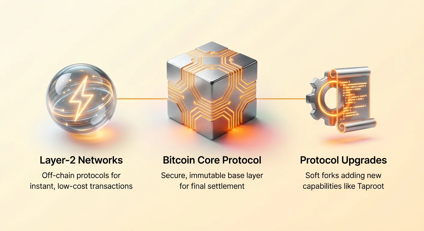Infographic overview of Bitcoin's evolution from foundational protocol to smart contracts via layer-2 networks and protocol upgrades.