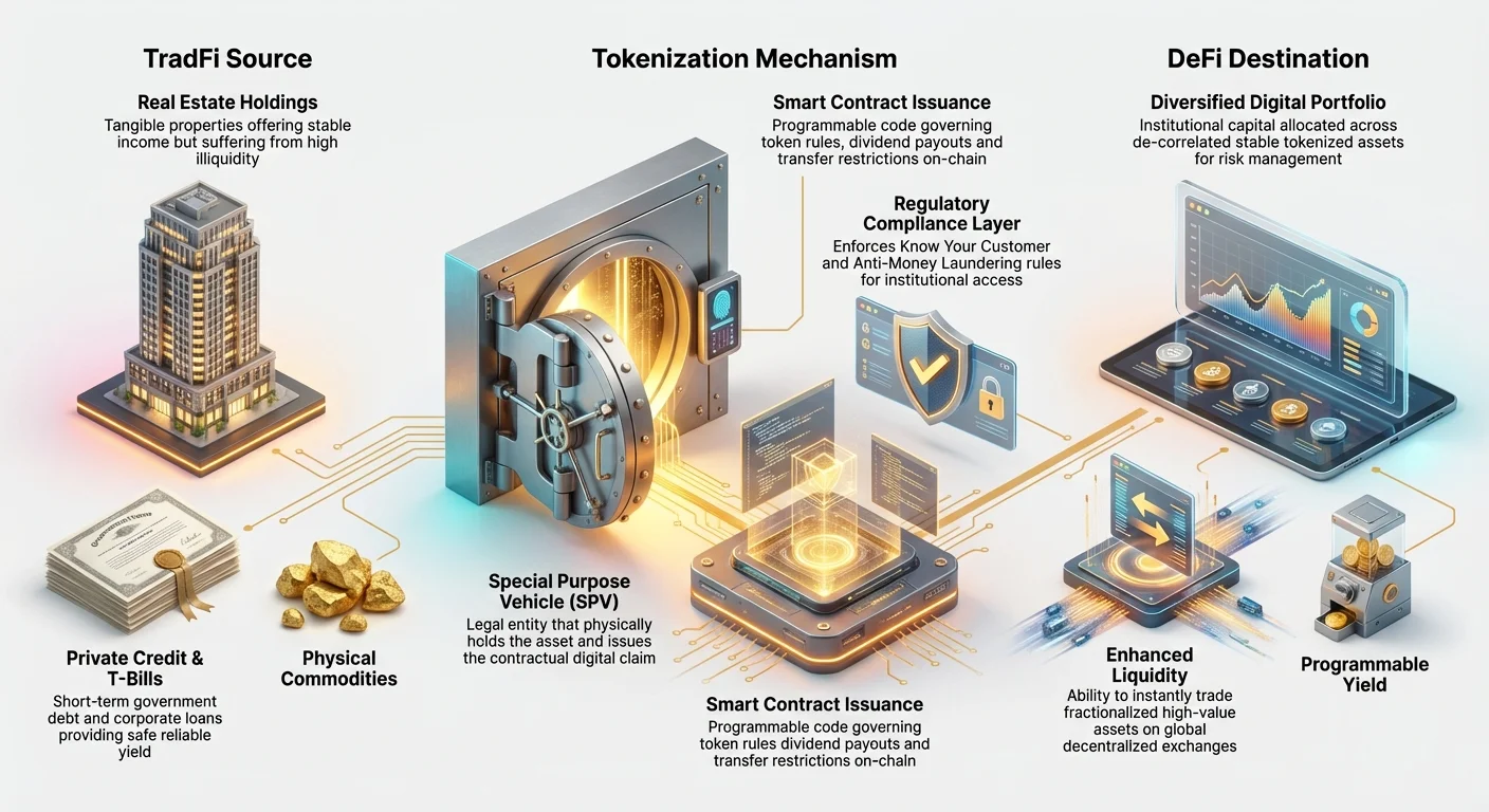 Infographic illustrating RWA ecosystem pipeline from TradFi sources like real estate, private credit, and commodities through SPV, smart contracts, and compliance to DeFi portfolios with liquidity and yield.