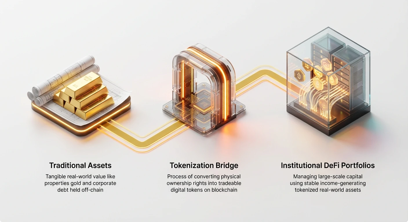 Infographic overview showing traditional assets like properties, gold, and debt connected via tokenization bridge to institutional DeFi portfolios for capital management.
