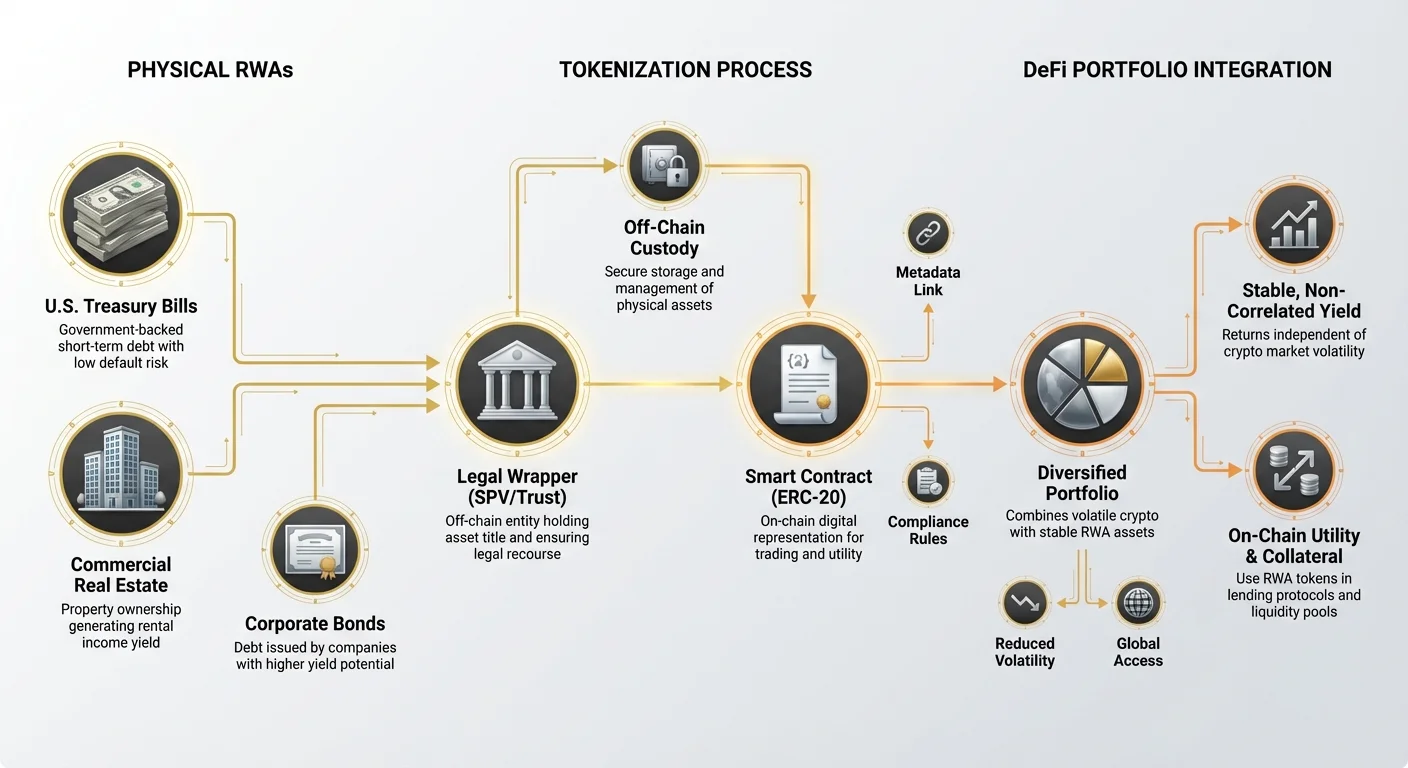 Detailed infographic illustrating the step-by-step RWA tokenization process from physical assets through legal and technical layers to integration in a diversified DeFi portfolio.