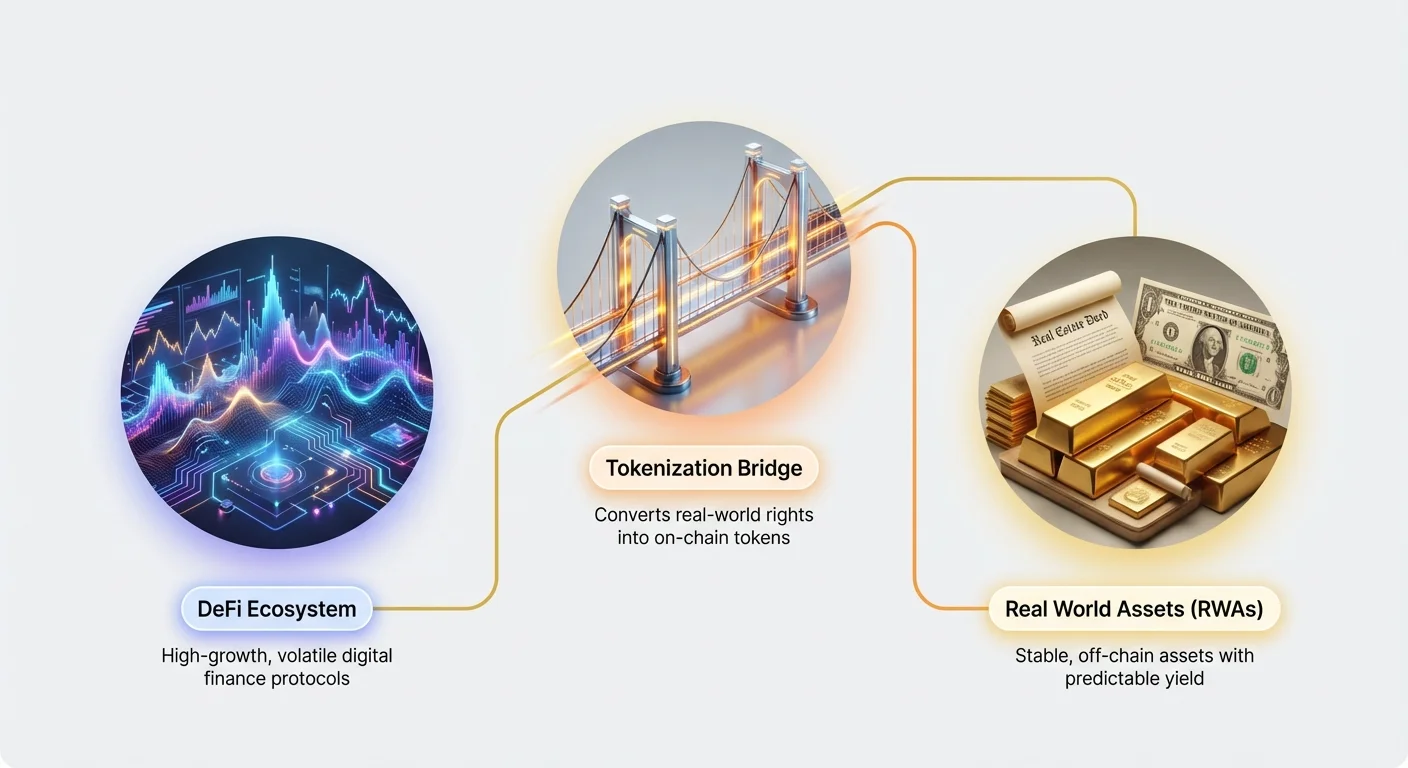 High-level infographic summarizing the connection between stable traditional assets and dynamic DeFi, bridged by tokenization.