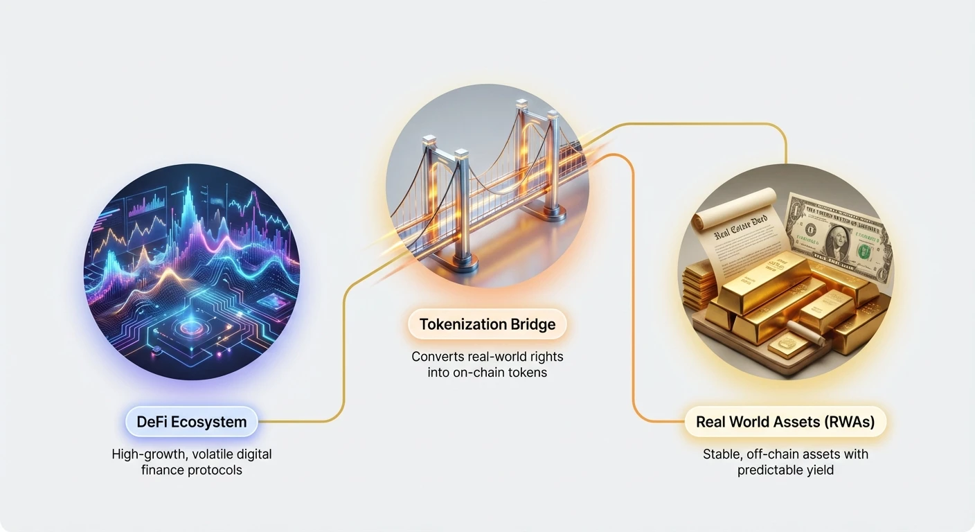 High-level infographic summarizing the connection between stable traditional assets and dynamic DeFi, bridged by tokenization.