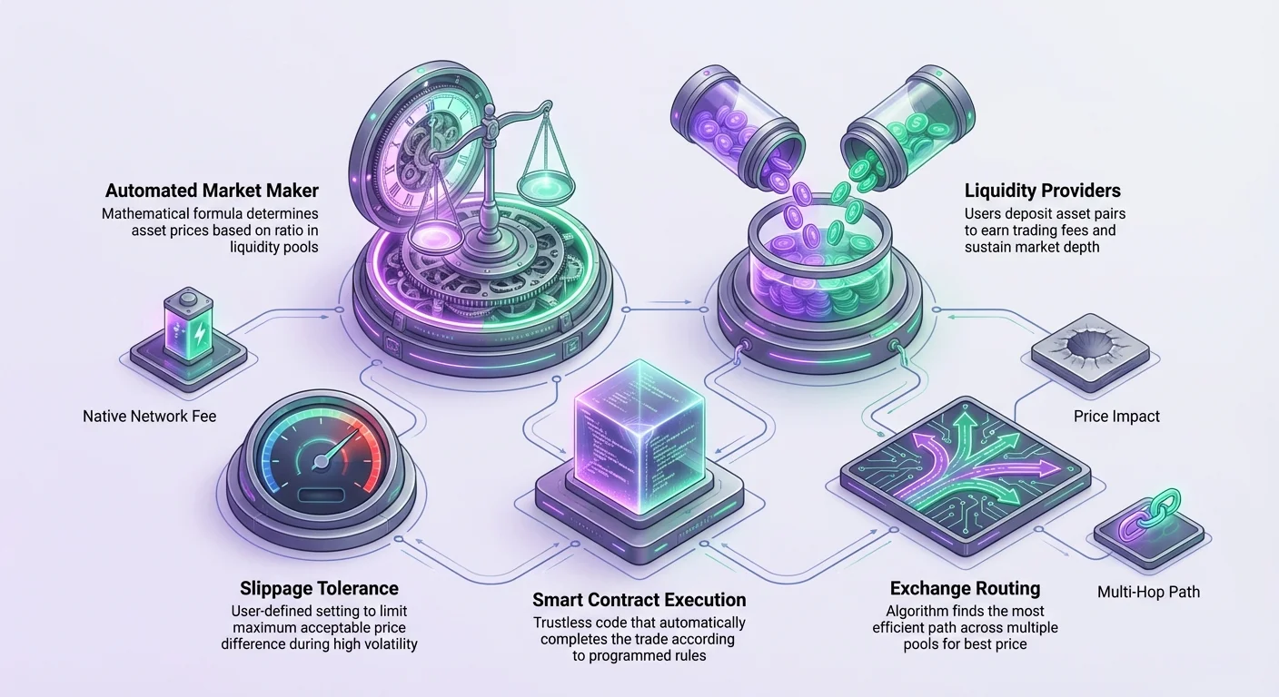 Detailed infographic of DEX trade mechanics showing automated market maker, liquidity providers, smart contract execution, slippage tolerance, exchange routing, plus network fees, price impact, and multi-hop paths.