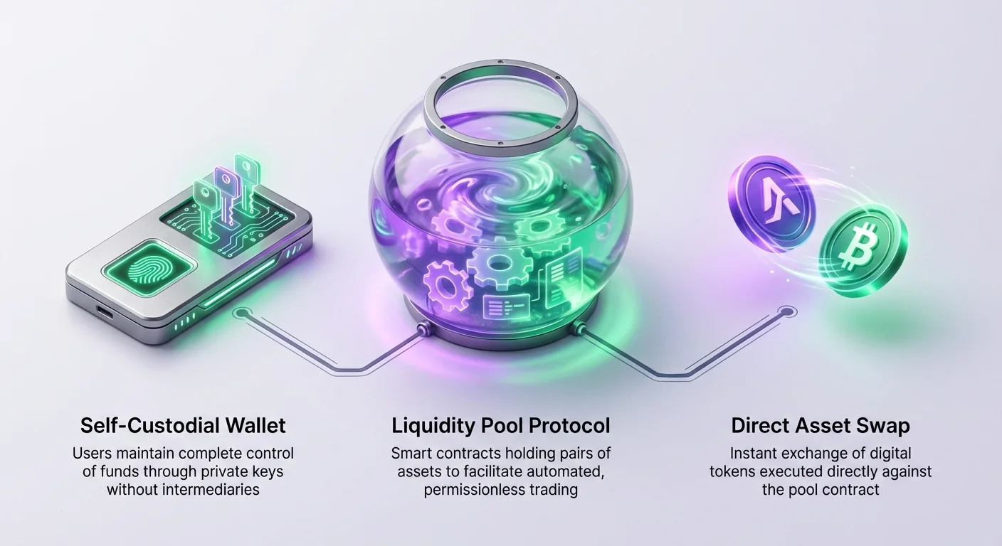 Simple infographic overview of DEX swapping: self-custodial wallet connects to liquidity pool protocol for instant direct asset swap, with key descriptions.