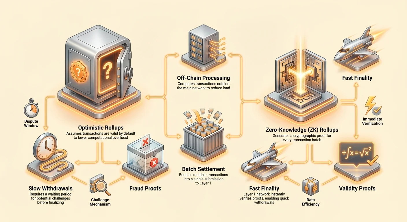 Detailed infographic comparing Optimistic and Zero-Knowledge Rollups, showing mechanisms, trade-offs, and shared goals in a clustered layout with varying node sizes.