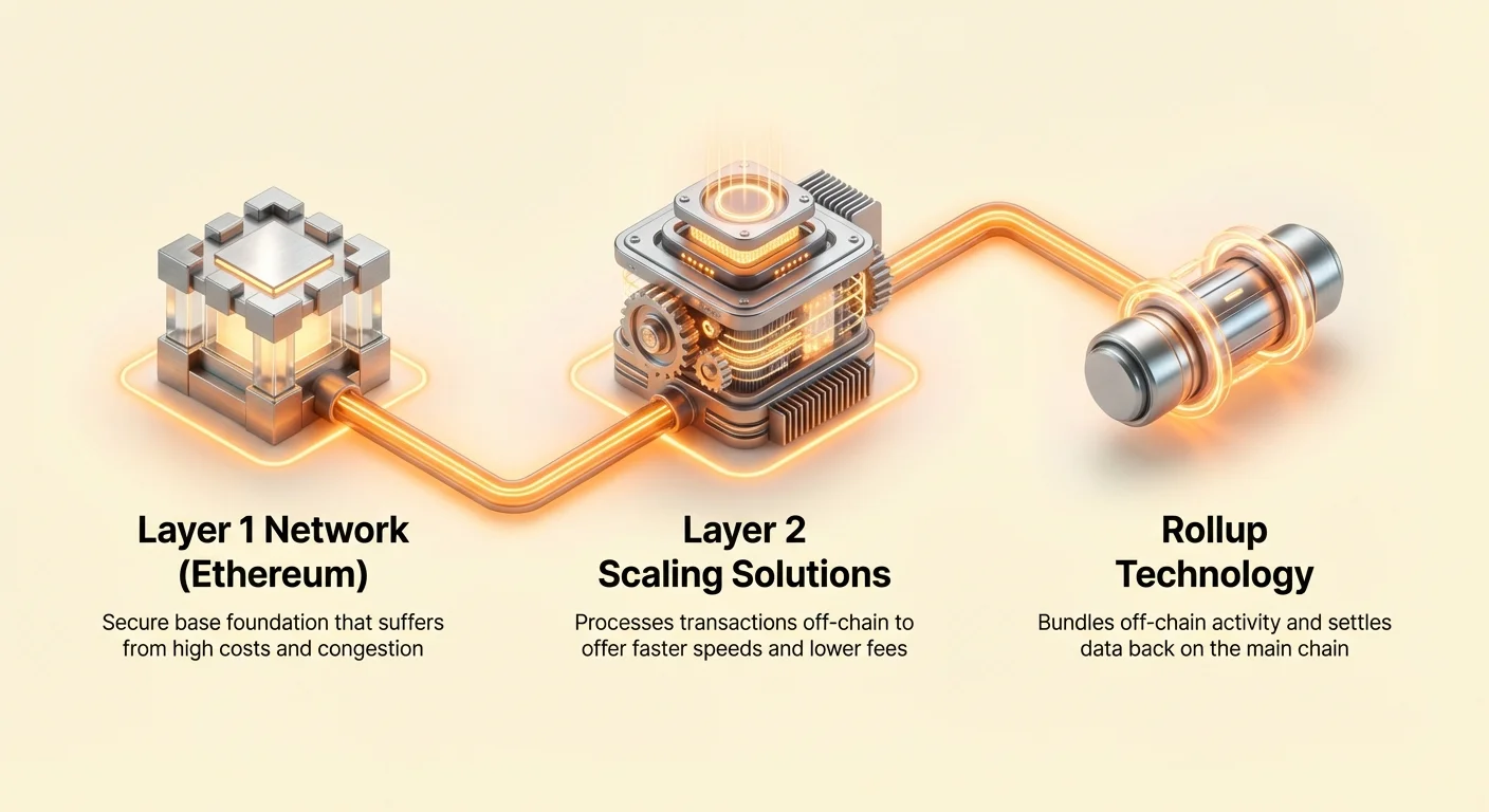 High-level infographic depicting Layer 1 blockchain congestion and Layer 2 Rollups solution with clean minimal layout and interconnected nodes.