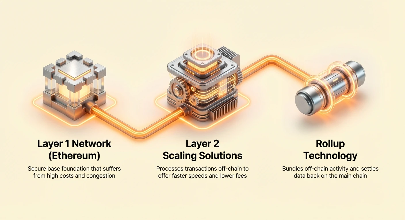 High-level infographic depicting Layer 1 blockchain congestion and Layer 2 Rollups solution with clean minimal layout and interconnected nodes.