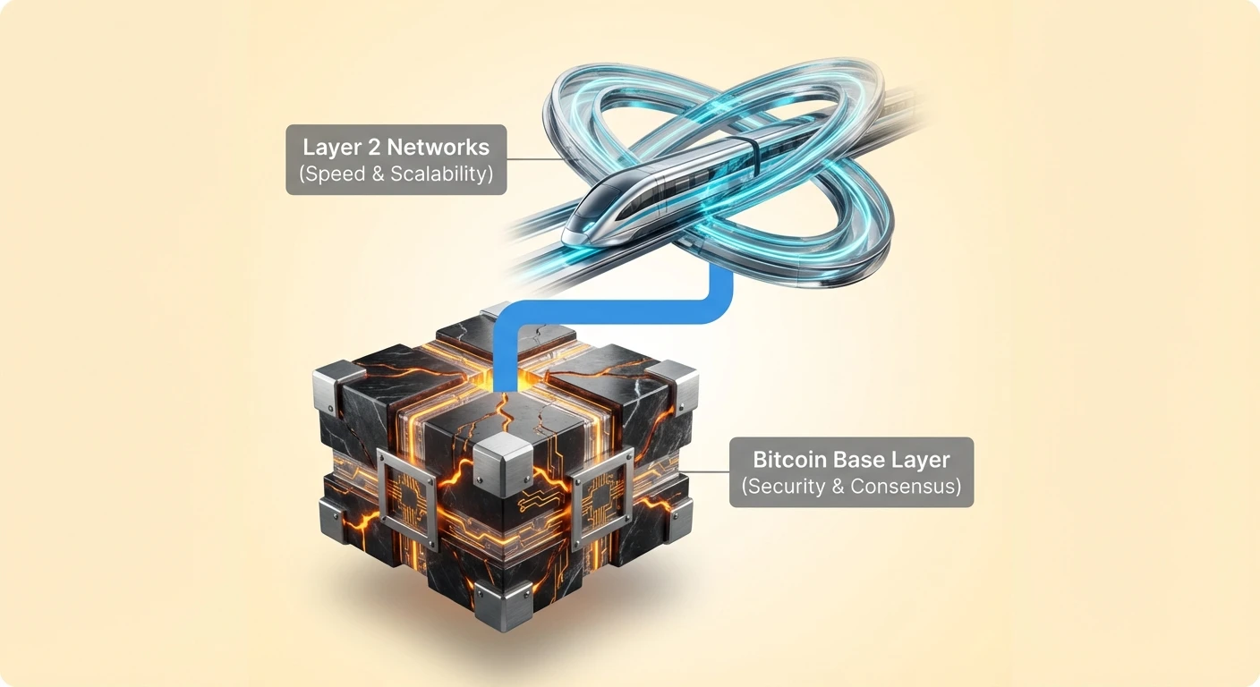 High-level infographic of Bitcoin's foundational structure: secure heavy base layer supporting fast scalable secondary layer for scaling solutions.
