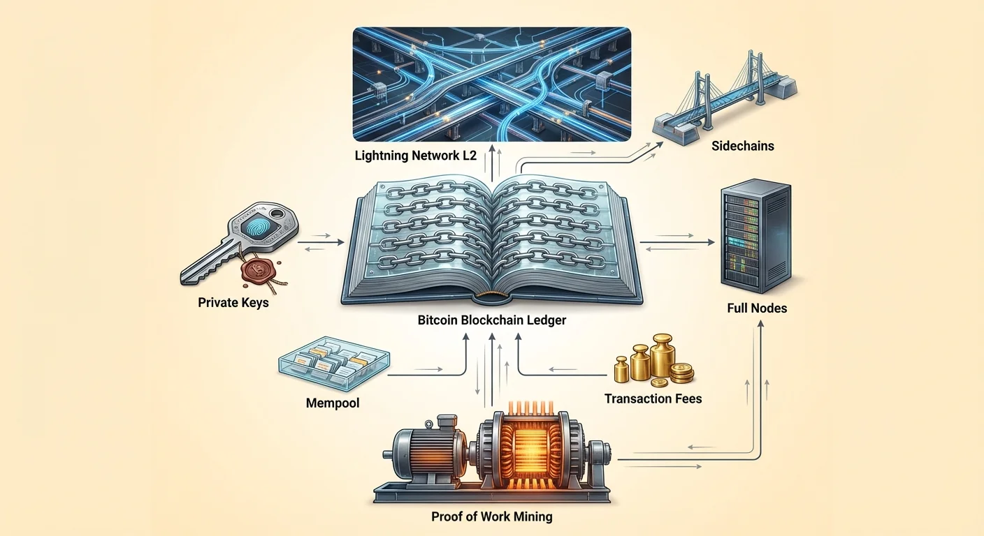 Detailed diagram illustrating the complete Bitcoin ecosystem flow, from foundational mining and core ledger mechanics to advanced scaling solutions.