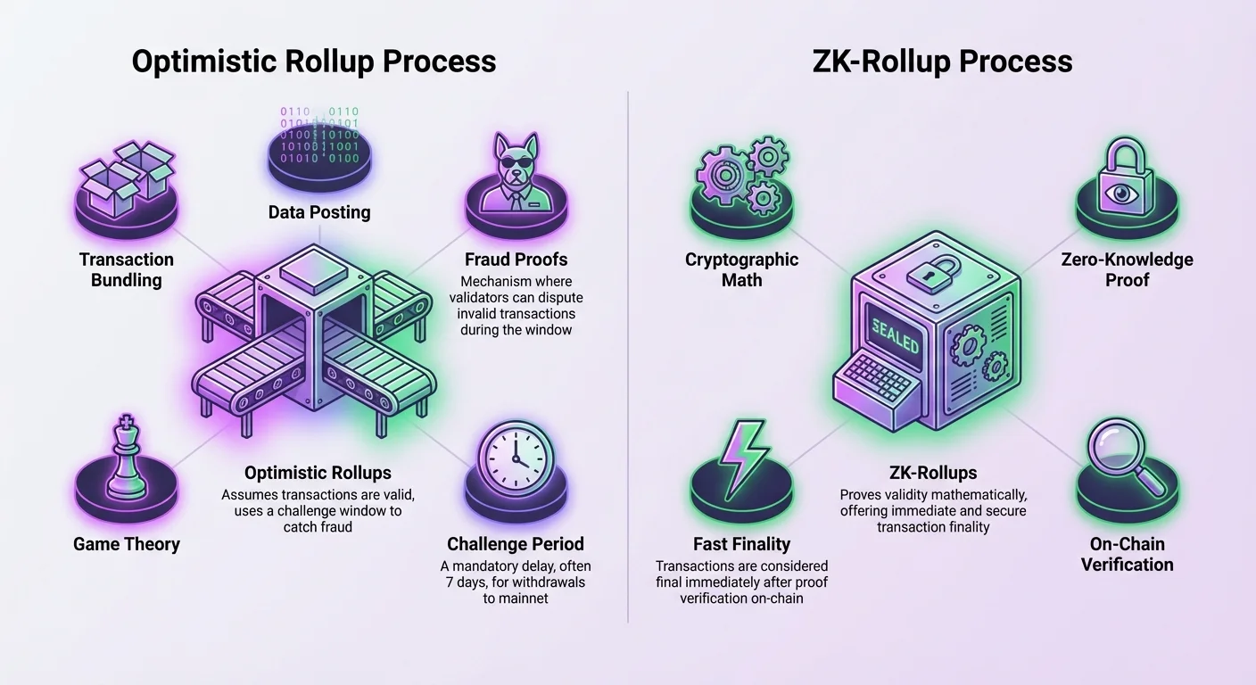 Detailed infographic side-by-side comparison of Optimistic Rollups (fraud proofs, challenge period) and ZK Rollups (validity proofs, fast finality) processes.
