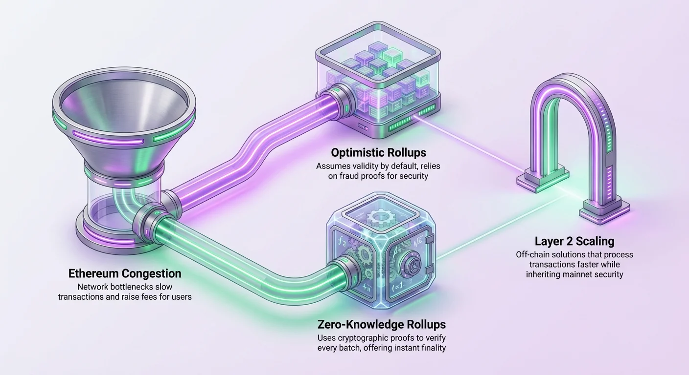 Infographic overview of Ethereum congestion, Optimistic Rollups using fraud proofs with challenge periods, and Zero-Knowledge Rollups providing instant finality via validity proofs.