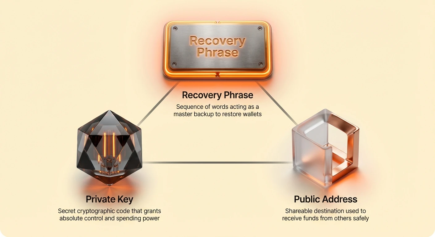 Infographic overview of cryptocurrency wallet foundations: recovery phrase as master backup for restoration, private key as secret code for control and spending, public address as safe shareable receive destination.