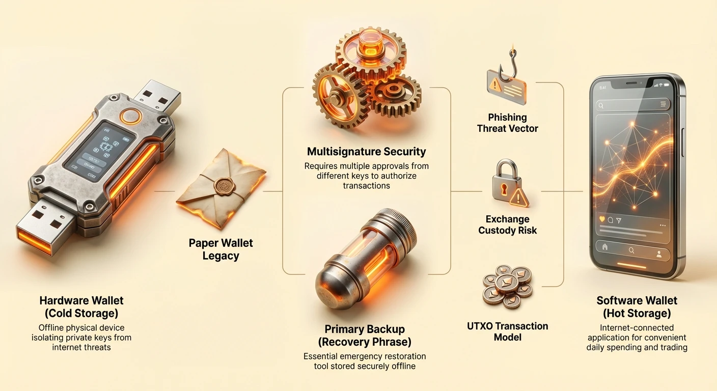 Infographic comparing hot software and cold hardware wallets, multisig security, recovery phrase backups, paper wallets, exchange risks, phishing threats, and UTXO model for crypto protection.
