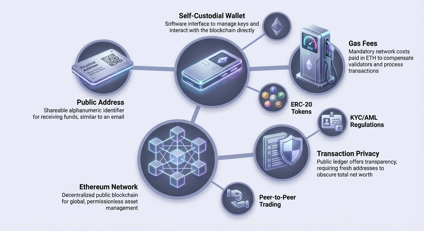 Detailed infographic of self-custodial Ethereum wallet setup, centering a hardware wallet hub linked to Ethereum network, public addresses, gas fees, and privacy features.
