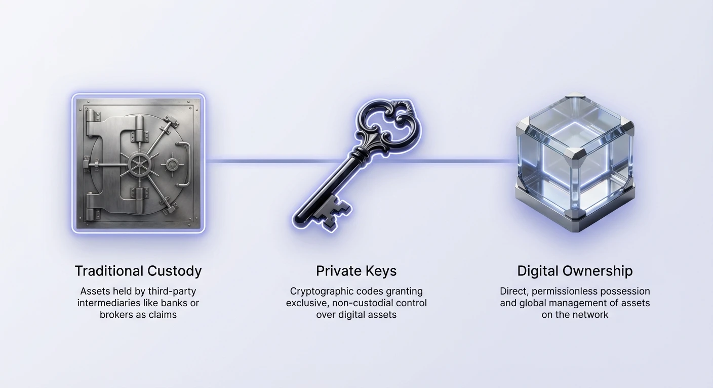 High-level infographic depicting the fundamental shift from traditional custodial finance to digital ownership through private keys in Ethereum wallets.