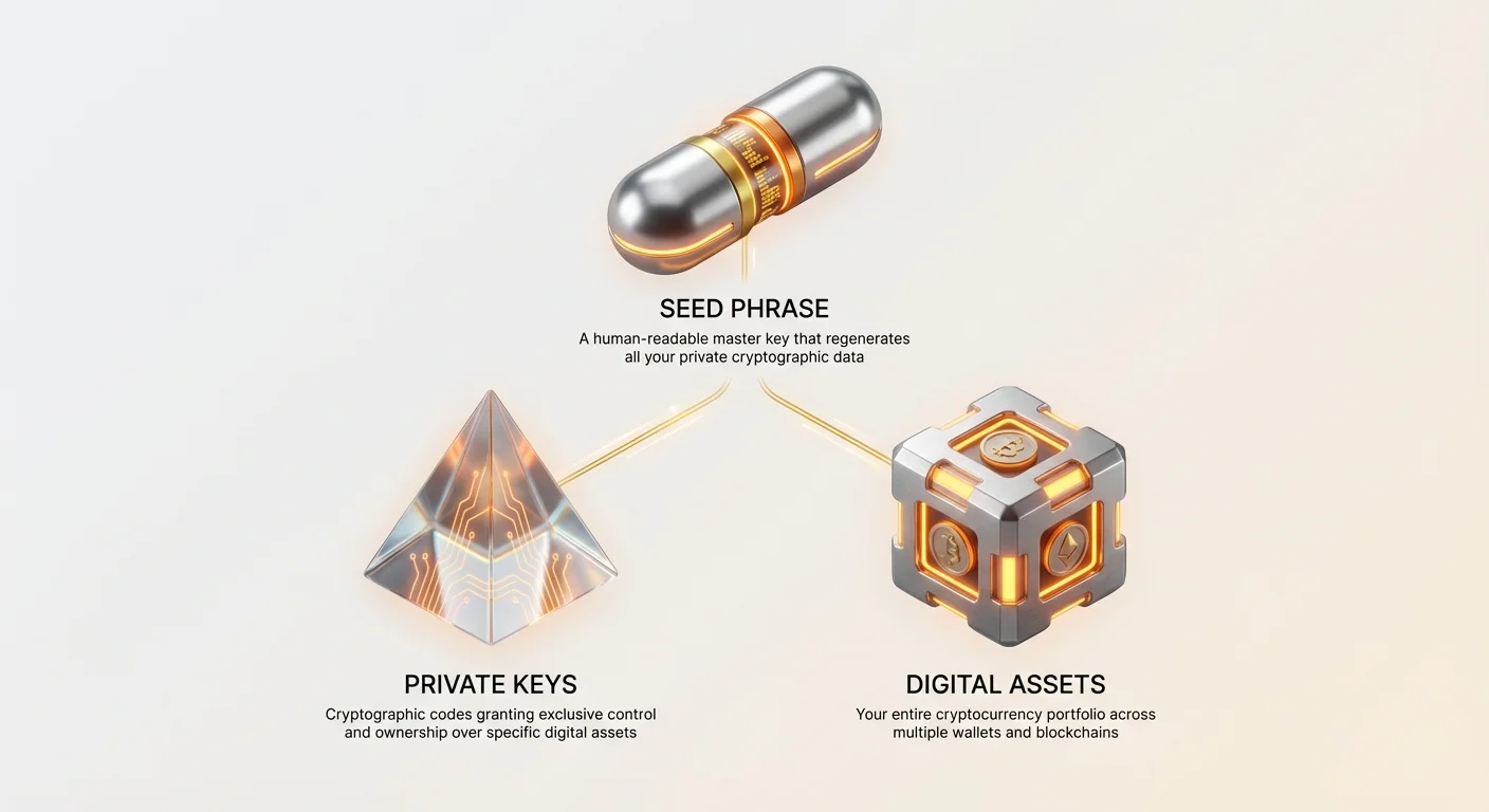High-level infographic illustrating the seed phrase as the central master key that generates private keys and controls cryptocurrency digital assets.