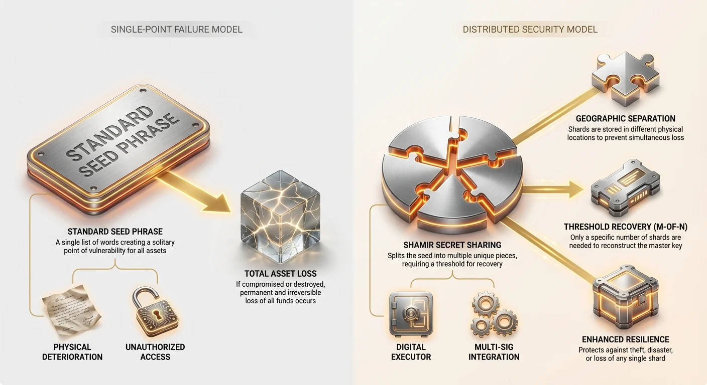 Infographic contrasting single-point failure risks of standard seed phrases with resilient distributed security using Shamir Secret Sharing.