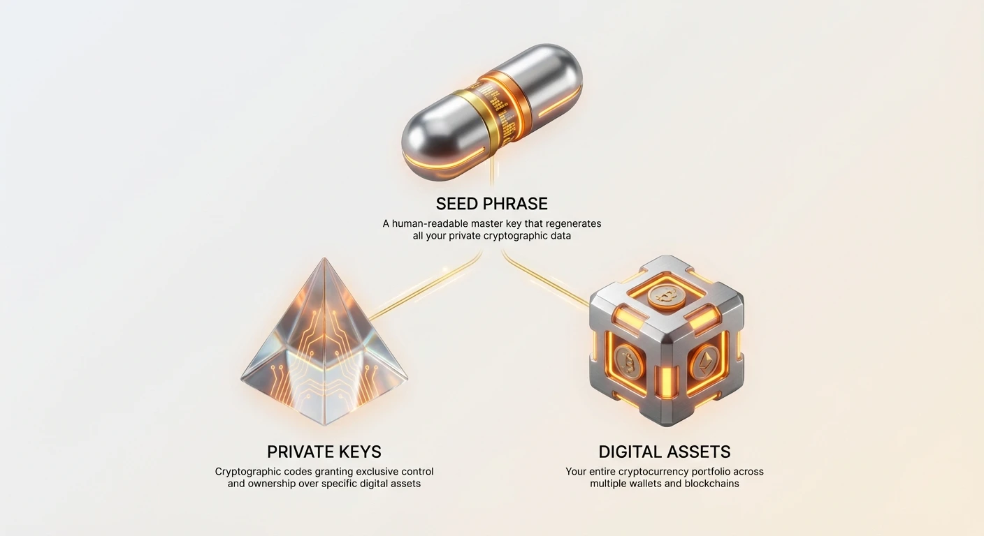 High-level infographic illustrating the seed phrase as the central master key that generates private keys and controls cryptocurrency digital assets.
