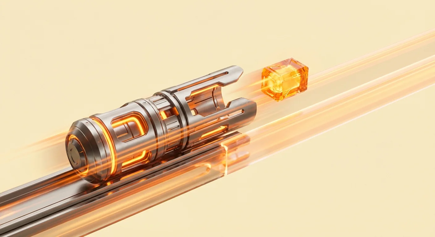 Dynamic freeze-frame of metallic data capsule ejecting glowing orange crystalline module to parallel track, symbolizing Bitcoin SegWit's separation of witness data for transaction efficiency.