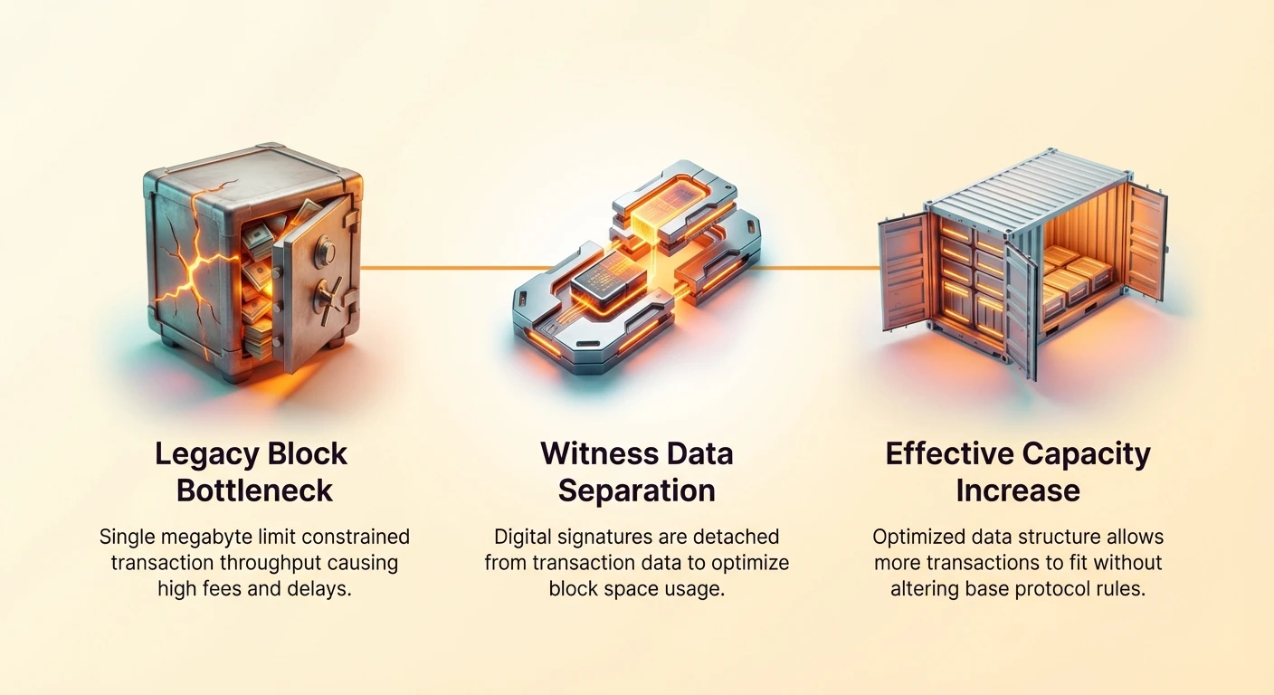 Infographic showing Bitcoin SegWit's transformation: congested legacy block bottleneck, witness data separation from transactions, and resulting effective capacity increase for more txs.