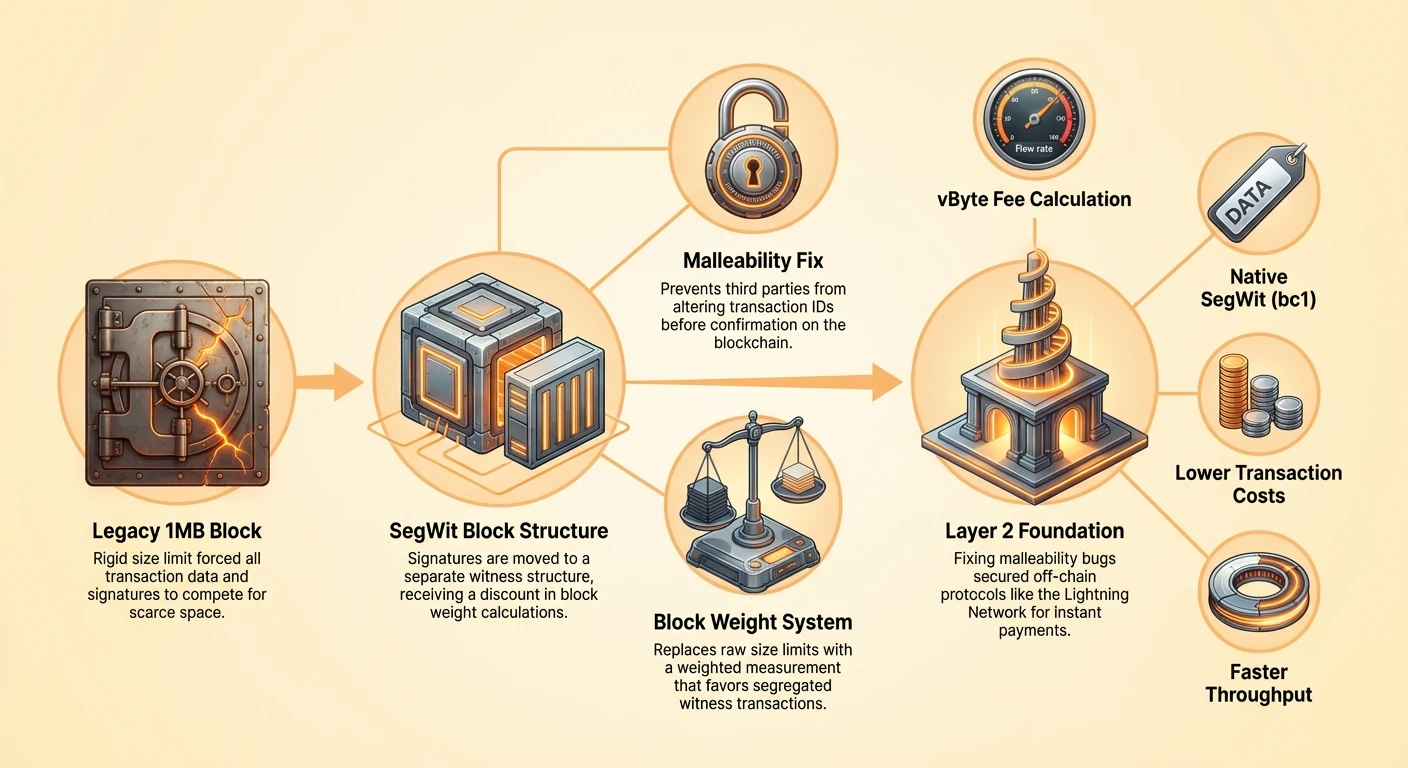 Detailed infographic showing Bitcoin's legacy 1MB block limits versus SegWit structure with witness separation, block weight system, malleability fix, lower fees, faster throughput, native bc1 addresses, and Layer 2 foundations like Lightning Network.