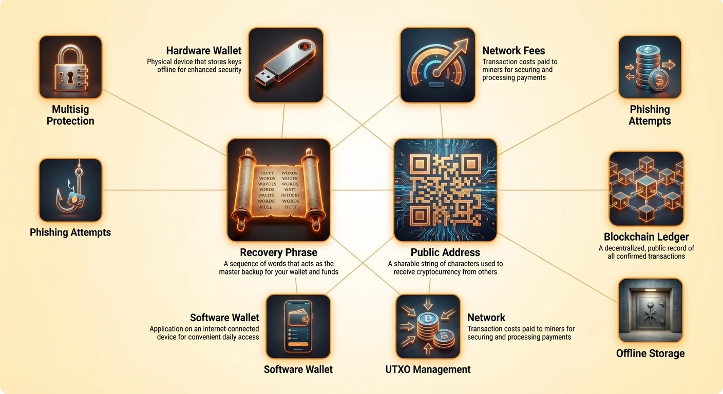 Detailed infographic diagram of self-custody wallet components, featuring central recovery phrase and public address, with hardware/software wallets, blockchain network, multisig protection, and phishing avoidance tips.