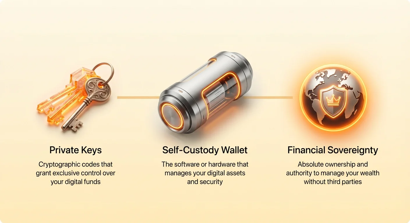 Infographic illustrating self-custody wallet at center, controlled by private keys for financial sovereignty. Clean layout with clear labels explains core cryptocurrency self-custody concept.
