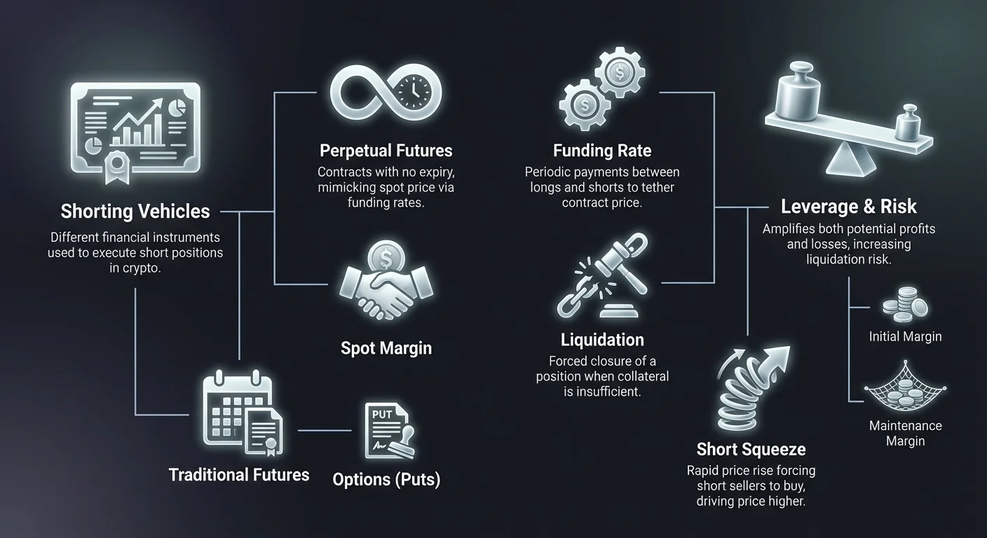 Detailed infographic comparing short selling vehicles in cryptocurrency, explaining leverage, margin requirements, and key risks involved.