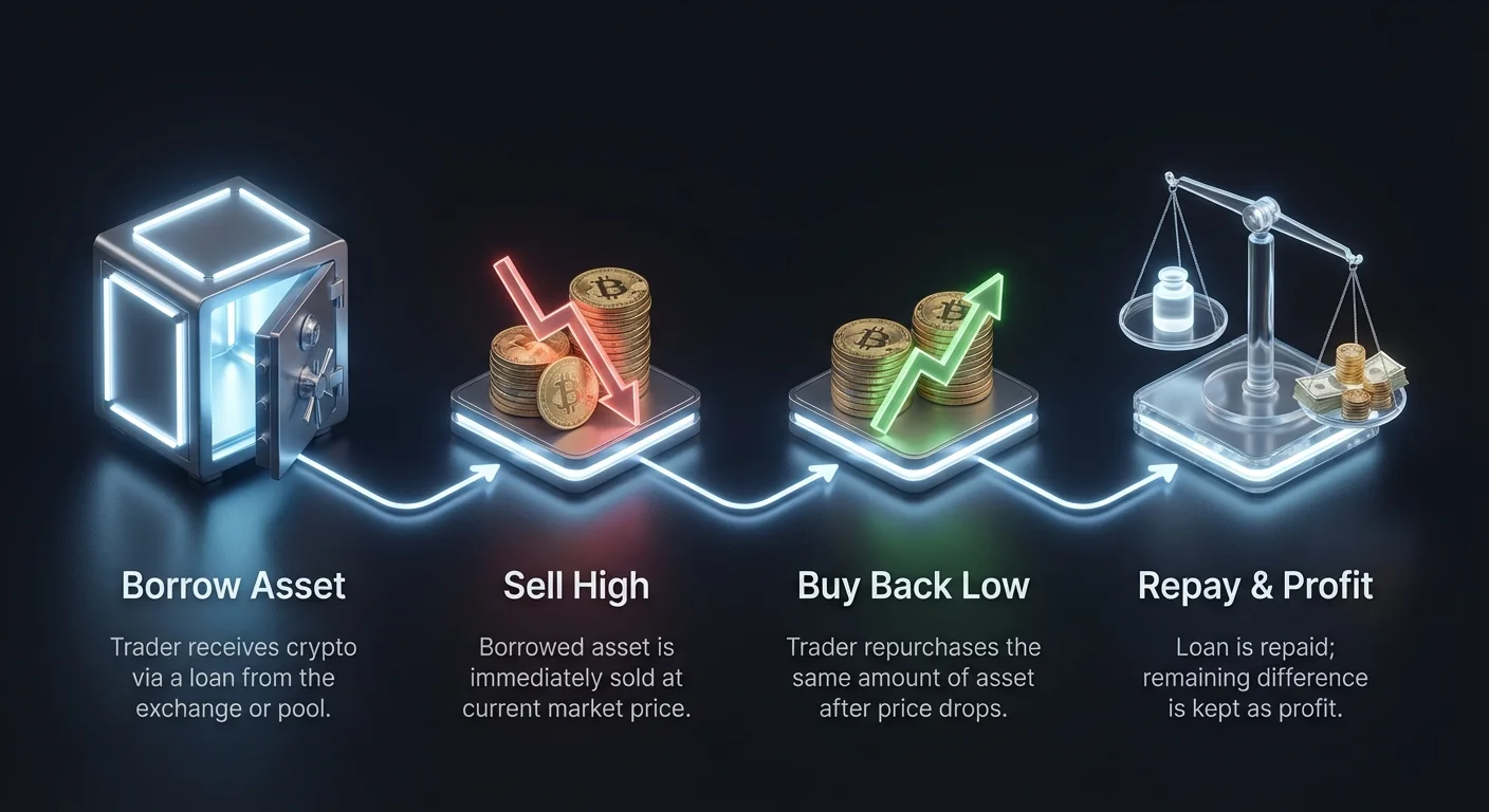 High-level infographic summarizing short selling in cryptocurrency: borrow asset, sell high, buy back low, return borrowed crypto, and profit from price difference.