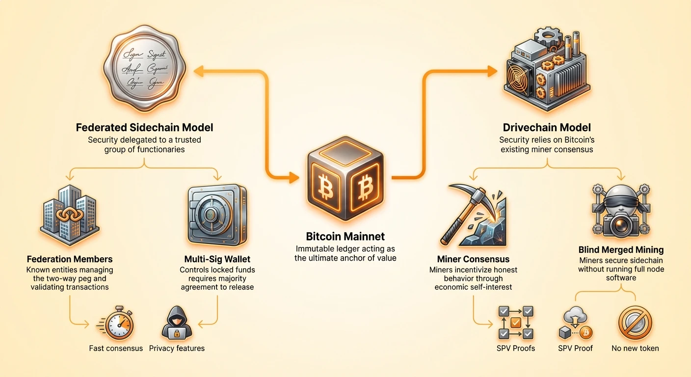 Detailed infographic comparing Federated and Drivechain security models for Bitcoin sidechains, highlighting key components, benefits, and risks of each.