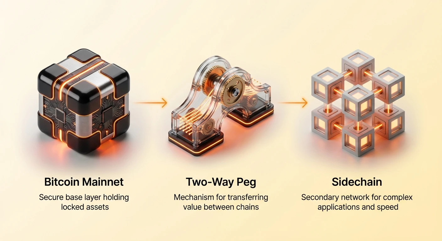 Simplified infographic illustrating the two-way peg mechanism for Bitcoin sidechains, showing assets moving from the main Bitcoin network to a sidechain and back securely.