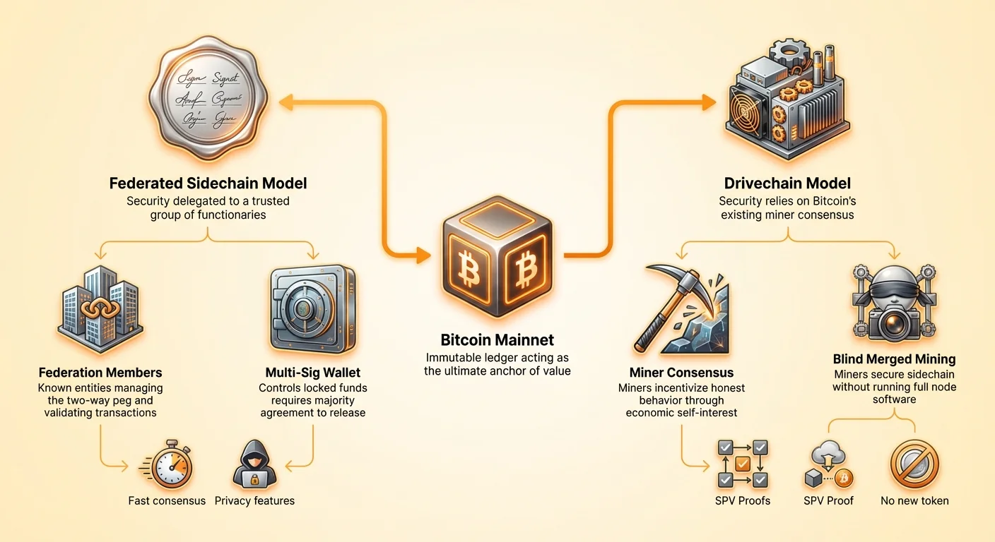 Detailed infographic comparing Federated and Drivechain security models for Bitcoin sidechains, highlighting key components, benefits, and risks of each.