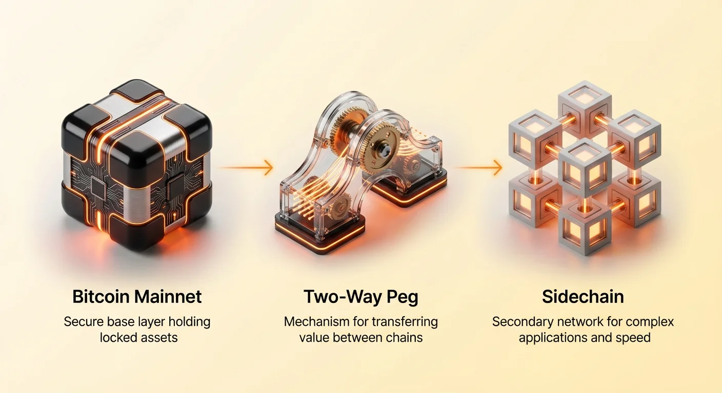 Simplified infographic illustrating the two-way peg mechanism for Bitcoin sidechains, showing assets moving from the main Bitcoin network to a sidechain and back securely.