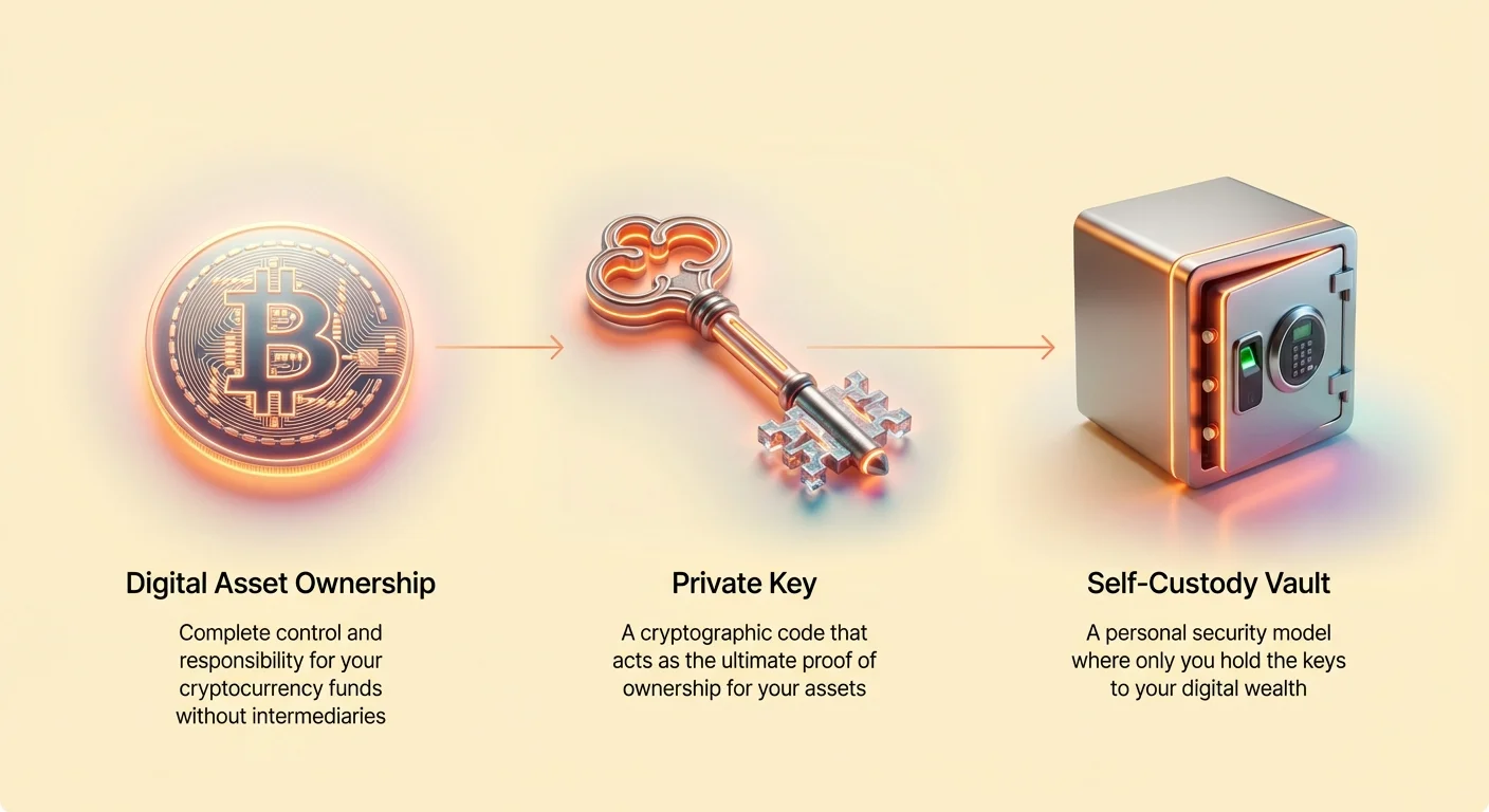 Clean linear infographic depicting the shift to self-custody, showing a digital asset linked to its control key leading to a fully secured state.