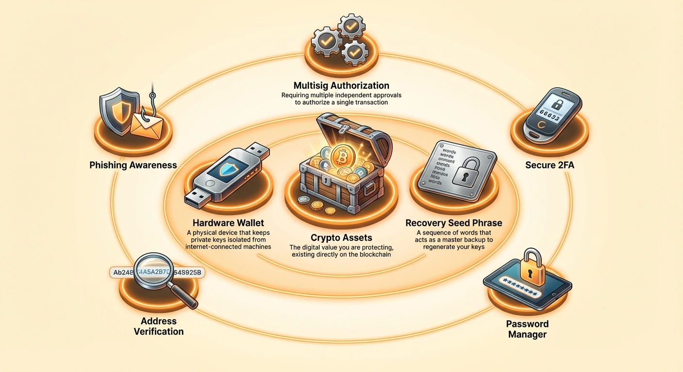 Infographic illustrating layered defense for digital assets: core assets at center, surrounded by concentric rings of hardware wallets, seed phrases, multisig setups, and behavioral security practices.