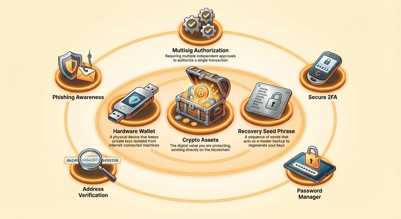 Infographic illustrating layered defense for digital assets: core assets at center, surrounded by concentric rings of hardware wallets, seed phrases, multisig setups, and behavioral security practices.