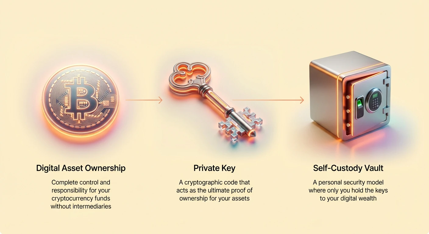 Clean linear infographic depicting the shift to self-custody, showing a digital asset linked to its control key leading to a fully secured state.
