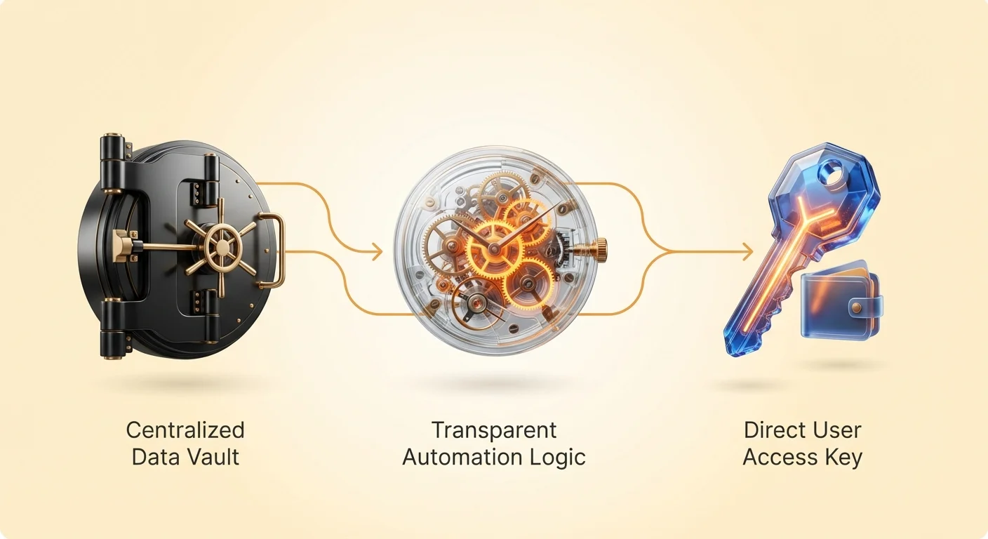 Clean infographic illustrating the shift from centralized data vaults to transparent automation logic and direct user access in smart contracts.