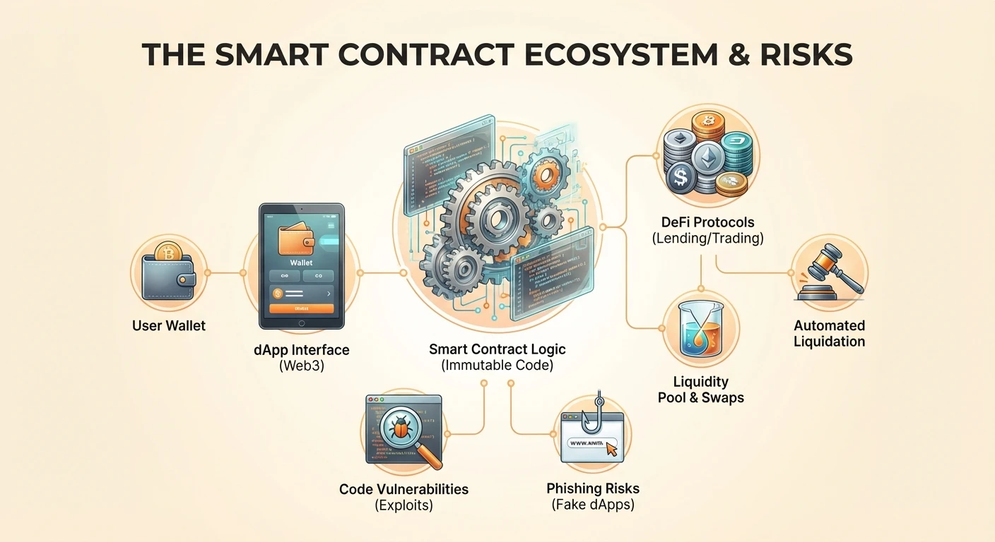 Detailed diagram illustrating smart contract ecosystem flow from user interface to core logic, emerging DeFi applications, and critical new risks.