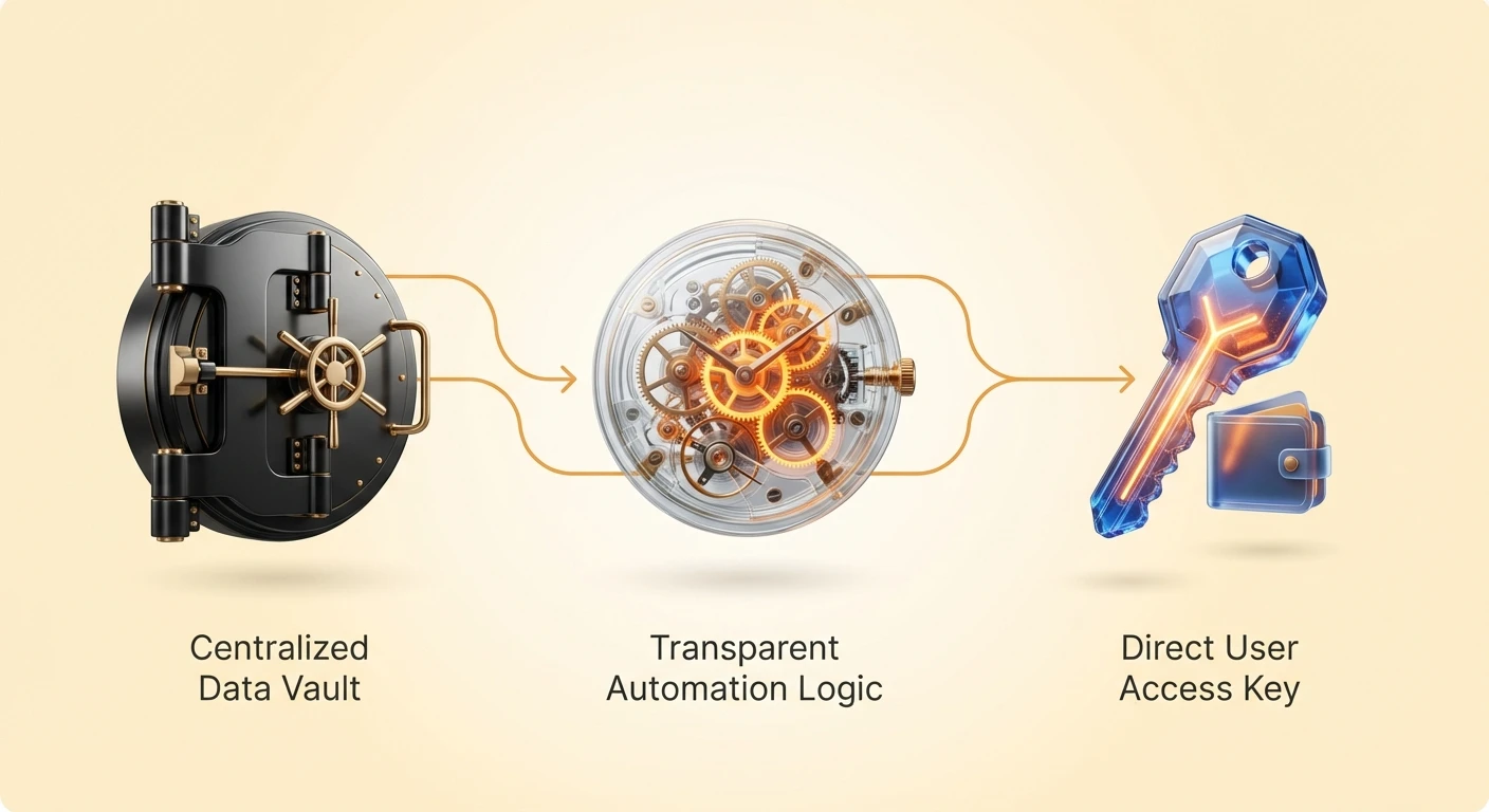 Clean infographic illustrating the shift from centralized data vaults to transparent automation logic and direct user access in smart contracts.