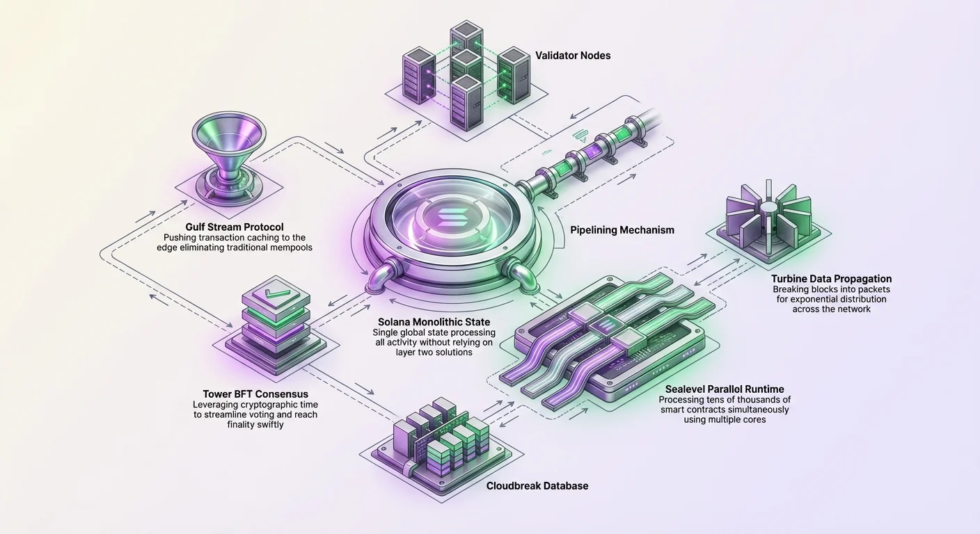 Infographic illustrating Solana's transaction pipeline: Gulf Stream and Tower BFT inputs flow through Sealevel parallel runtime and pipelining to Turbine propagation and Cloudbreak storage.