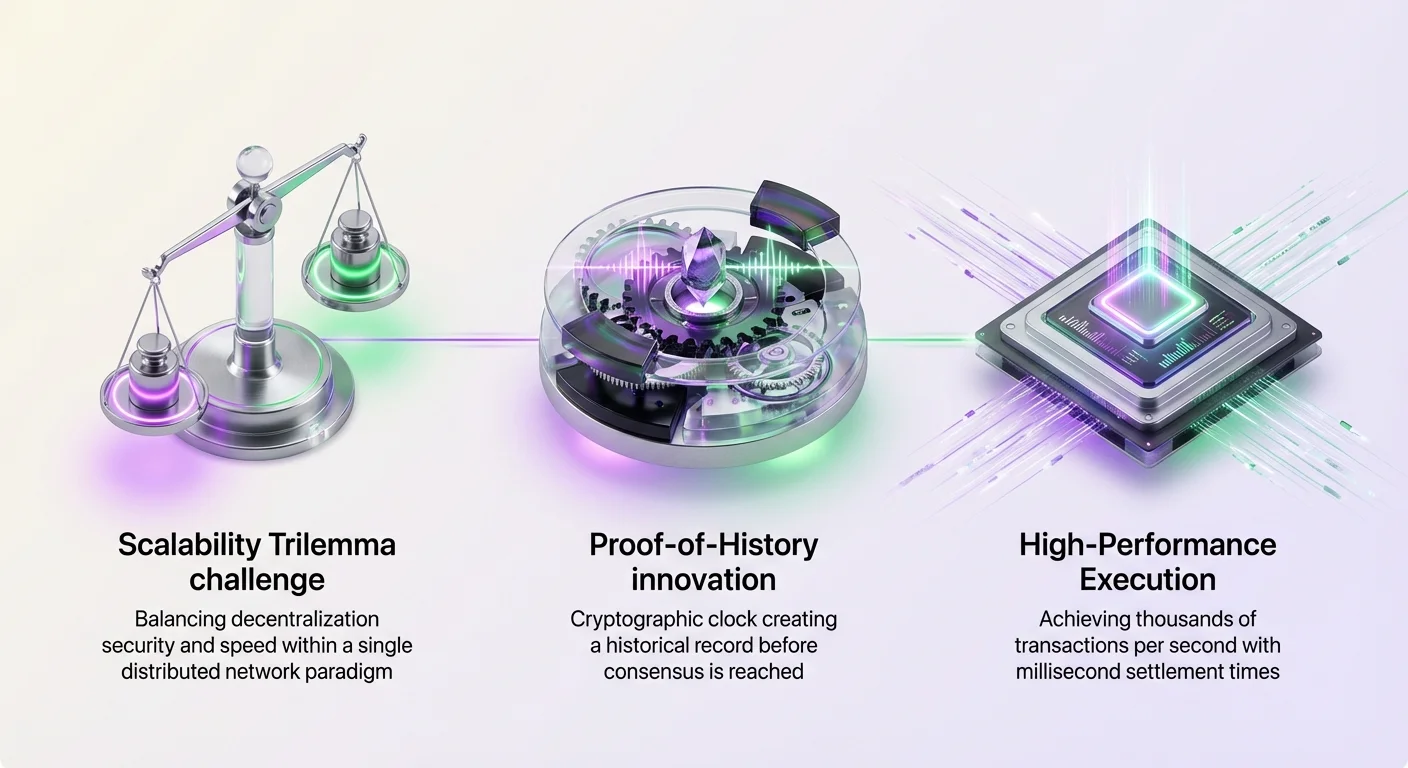 Infographic overview of Solana's blockchain: scalability trilemma challenge, Proof-of-History cryptographic clock innovation, and high-performance execution with thousands of TPS and millisecond settlements.