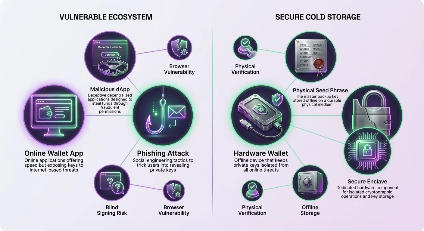 Detailed infographic contrasting Solana online wallet app risks like malicious dApps, phishing, blind signing, and browser vulnerabilities against hardware wallet security with physical seed phrases, secure enclaves, verification, and offline storage.