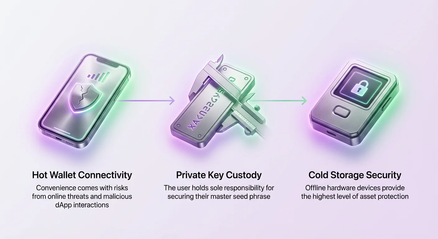 Infographic overview of Solana wallet security pillars: hot wallet connectivity risks from online threats, private key custody user responsibility, and cold storage offline protection.